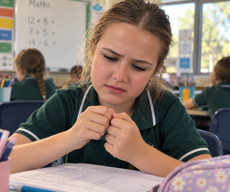 Child picking at her fingers while sitting in an Australian classroom